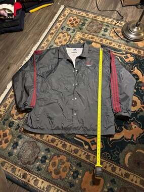 Vintage 90s Adidas Snap Button Coaches Windbreaker Jacket Gray Red Stripe